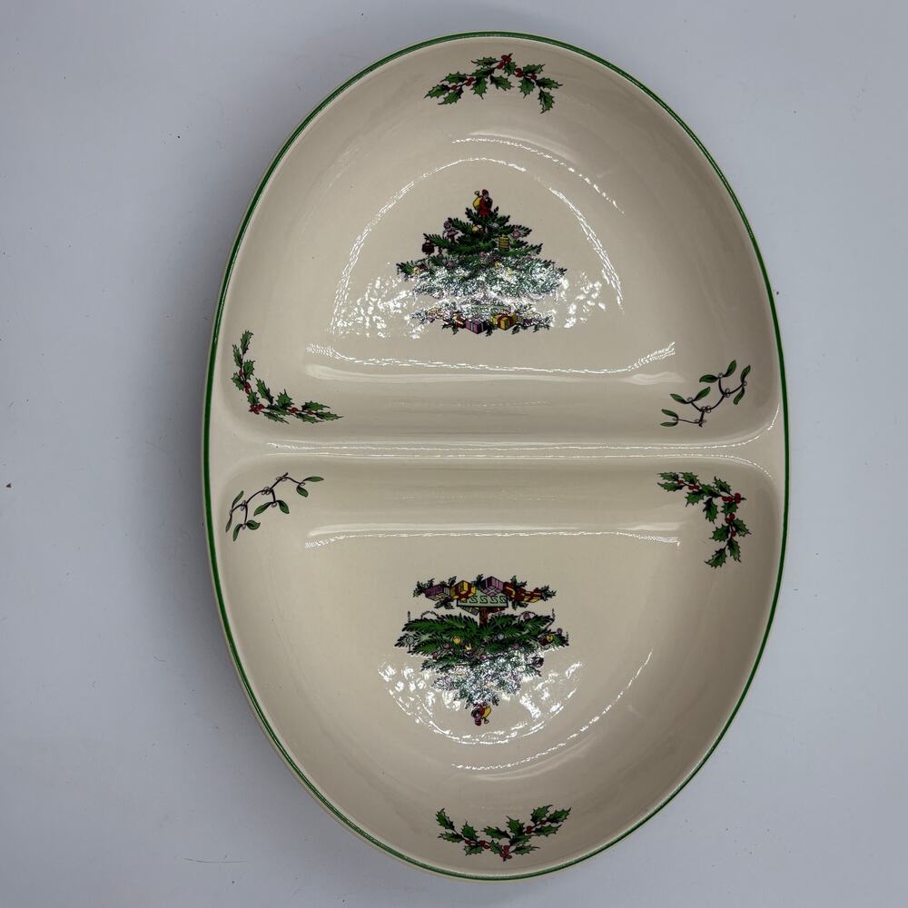 Vintage Spode Christmas Tree Oval Divided Serving Dish Green Rim Holiday